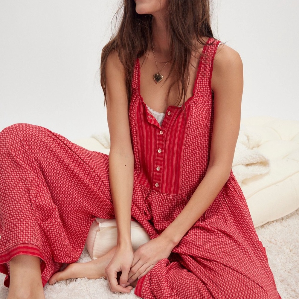 Free People Red Patterned Sleeveless Jumpsuit